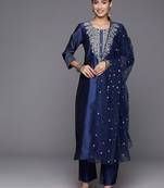 Navy Blue Blended Cotton Salwar Suit Silver Embroidery