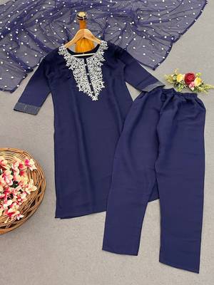 Navy Blue Blended Cotton Salwar Suit Silver Embroidery 2