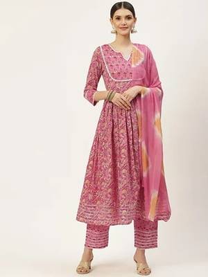 Pink printed cotton kurta pant with dupatta 1