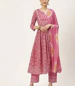 Pink printed cotton kurta pant with dupatta