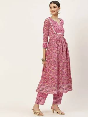 Pink printed cotton kurta pant with dupatta 5