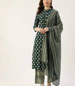 Green printed rayon kurta pant with dupatta