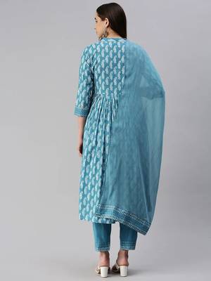 Blue block print cotton kurta pant with dupatta 2
