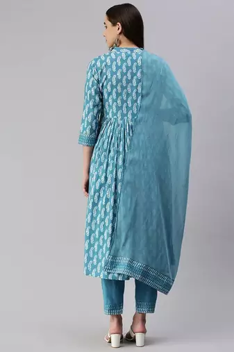 Blue block print cotton kurta pant with dupatta
