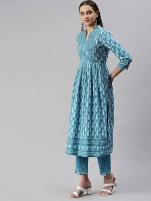 Blue block print cotton kurta pant with dupatta 3