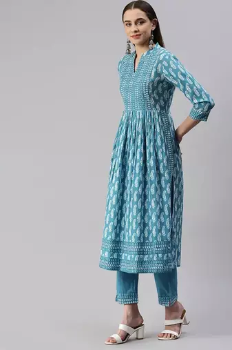Blue block print cotton kurta pant with dupatta