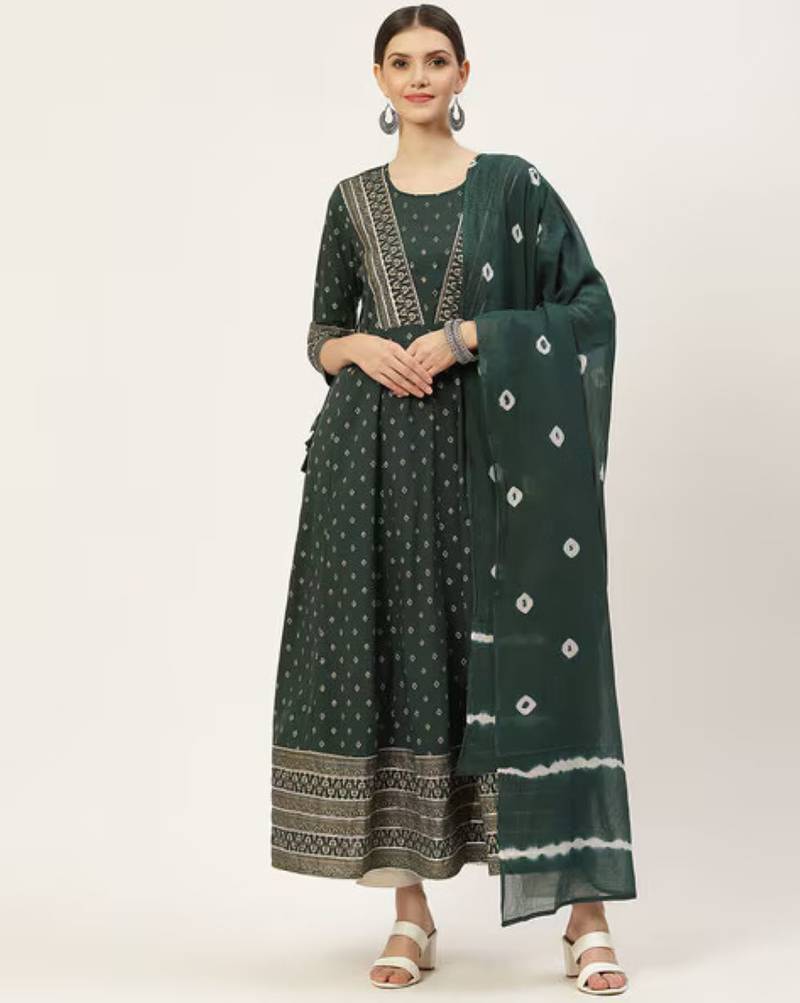 Green printed cotton kurta with dupatta