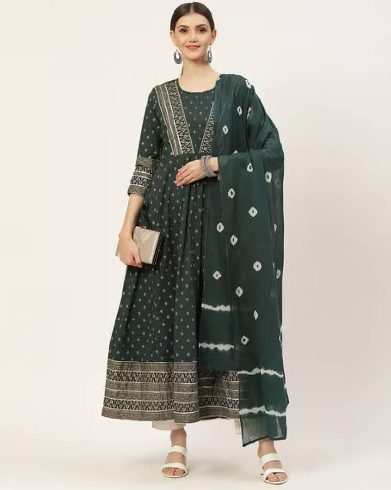 Green printed cotton kurta with dupatta