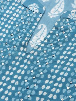 Blue block print cotton kurta pant with dupatta 4