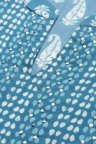 Blue block print cotton kurta pant with dupatta