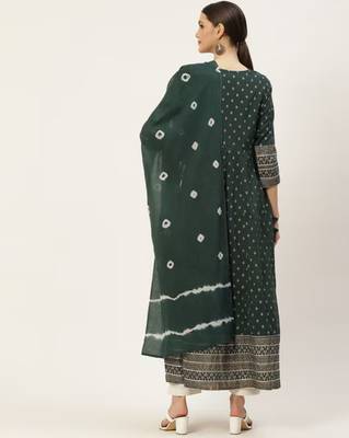 Green printed cotton kurta with dupatta 5