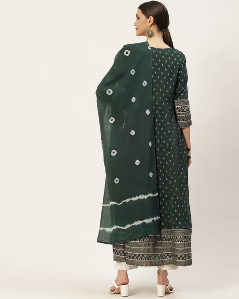 Green printed cotton kurta with dupatta