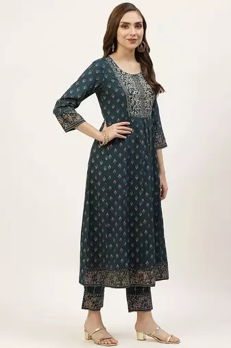 Green printed cotton kurta pant with dupatta