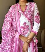 Classiques Pink and White Cotton Kurti Pant Set