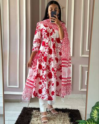 Red printed cotton kurta pant with dupatta 1