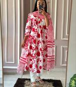 Red printed cotton kurta pant with dupatta