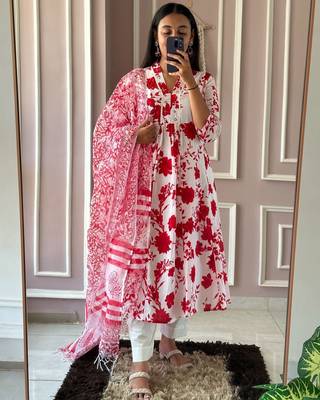 Red printed cotton kurta pant with dupatta 2