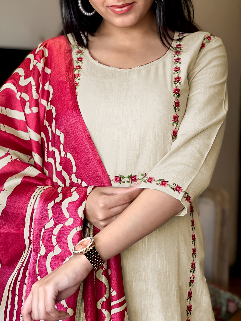 Off White plain cotton kurta pant with dupatta
