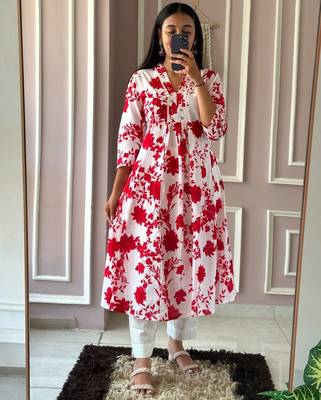 Red printed cotton kurta pant with dupatta 3