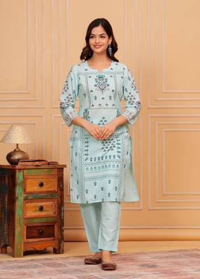 Sky Blue Cotton Abstract Printed Churidar Suit set 2