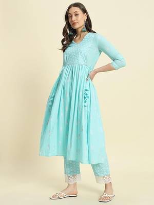 Blue printed cotton  kurta with pant 3