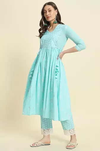 Blue printed cotton  kurta with pant