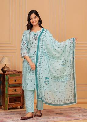 Sky Blue Cotton Abstract Printed Churidar Suit set 1