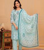 Sky Blue Cotton Abstract Printed Churidar Suit set
