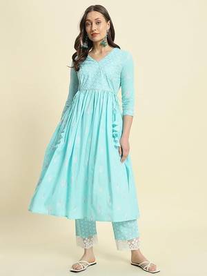 Blue printed cotton  kurta with pant 4