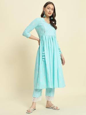 Blue printed cotton  kurta with pant 5