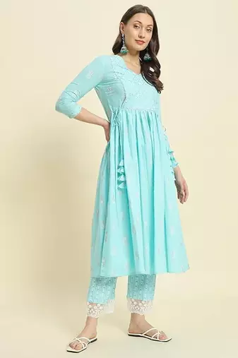 Blue printed cotton  kurta with pant