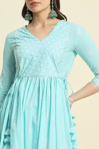 Blue printed cotton  kurta with pant