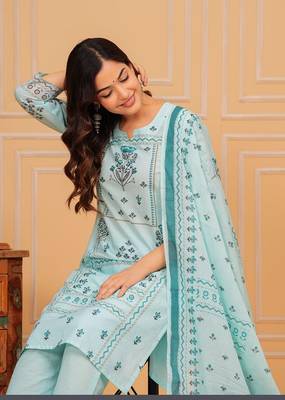 Sky Blue Cotton Abstract Printed Churidar Suit set 3