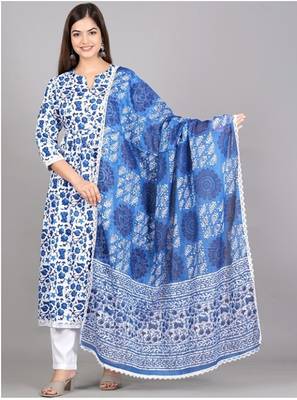 Cerulean Blue Blended Cotton Floral Printed Salwar Kameez 1
