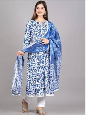 Cerulean Blue Blended Cotton Floral Printed Salwar Kameez 3