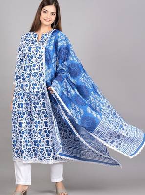 Cerulean Blue Blended Cotton Floral Printed Salwar Kameez 4