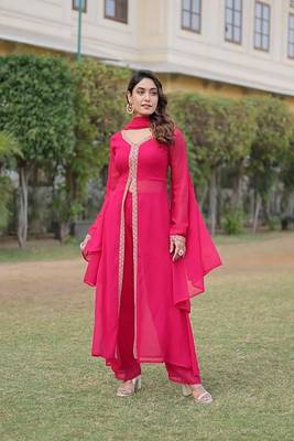 Pink plain georgette kurta pant with dupatta 1