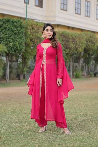 Pink plain georgette kurta pant with dupatta
