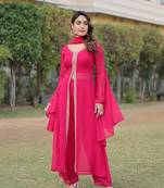 Pink plain georgette kurta pant with dupatta