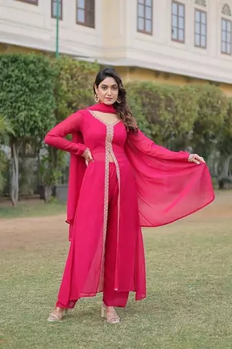 Pink plain georgette kurta pant with dupatta