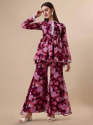 Pink floral print georgette  kurta with pant 1