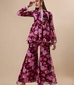 Pink floral print georgette  kurta with pant