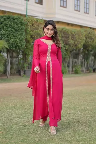 Pink plain georgette kurta pant with dupatta