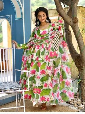 Multicolour floral print art silk  kurta with dupatta 1