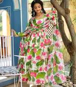 Multicolour floral print art silk  kurta with dupatta