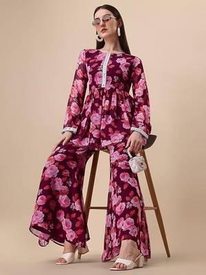 Pink floral print georgette  kurta with pant 2