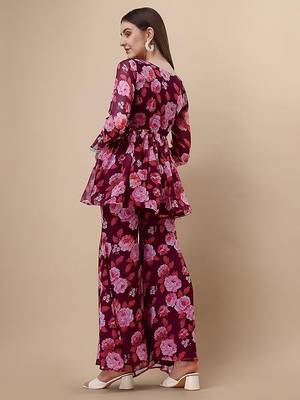 Pink floral print georgette  kurta with pant 3