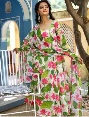 Multicolour floral print art silk  kurta with dupatta 4