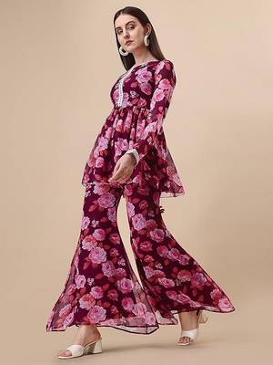 Pink floral print georgette  kurta with pant 4