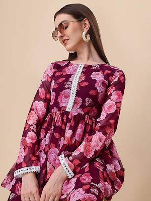 Pink floral print georgette  kurta with pant 5